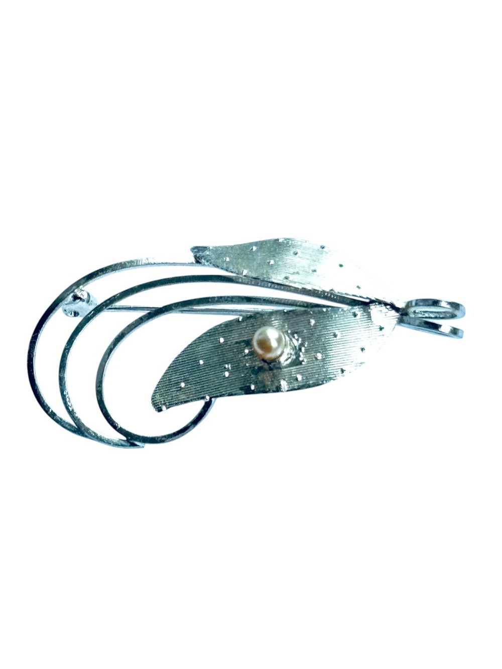 Triad Vintage 1950s Brushed Leaf Faux Pearl MCM Silver-Tone Brooch Signed